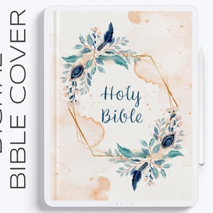 May include: Digital Bible cover with a watercolor design featuring blue and green leaves, feathers, and gold geometric shapes. The text "Holy Bible" is written in cursive script.