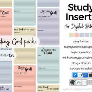 May include: A digital Bible study insert pack with nine printable pages in various colors. The pages feature prompts for reflection and journaling, including "Who is God in this passage?" and "Exemplifying Christ".