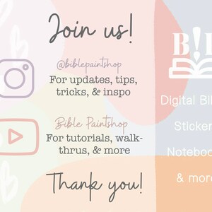 Op de afbeelding: Een grafiek met een roze, blauwe en oranje achtergrond. De grafiek bevat een camera-icoon, een afspeelknop-icoon en een boek-icoon. De tekst "Join us!" staat bovenaan de grafiek. De tekst "@biblepaintshop" staat onder de tekst "Join us!" De tekst "For updates, tips, tricks, & inspo" staat onder de tekst "@biblepaintshop". De tekst "Bible Paintshop" staat onder het afspeelknop-icoon. De tekst "For tutorials, walk-thrus, & more" staat onder de tekst "Bible Paintshop". De tekst "Thank you!" staat onderaan de grafiek. De tekst "B!P" staat boven het boek-icoon. De tekst "Digital Bibles" staat onder het boek-icoon. De tekst "Stickers" staat onder de tekst "Digital Bibles". De tekst "Notebooks" staat onder de tekst "Stickers". De tekst "& more" staat onder de tekst "Notebooks".