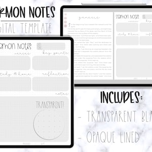 Könnte beinhalten: Digitale Vorlage für Predigtnotizen mit einem grau-weißen Farbschema. Die Vorlage enthält Abschnitte für Verse, wichtige Punkte, Studium zu Hause, Reflexion und Notizen. Die Vorlage enthält auch eine transparente leere Seite und eine undurchsichtige linierte Seite.