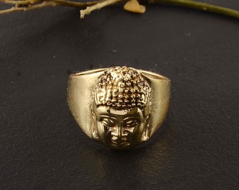 Statement Ring Promise Ring Gold Plated Brass Ring Garnet Ring Wide Band Ring Handmade Ring Buddhist Ring Buddha Face Ring