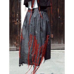 Skirt below the knee, embroidered elements, handmade, black with a beige tint