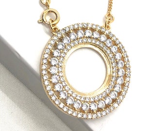 18k Gold Plated Necklace - Round Pendant - Zirconia Pendant