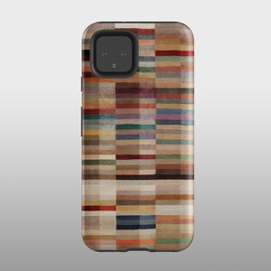 May include: A phone case with a colorful geometric pattern. The case is made of a hard plastic material and has a raised lip around the edges to protect the screen.