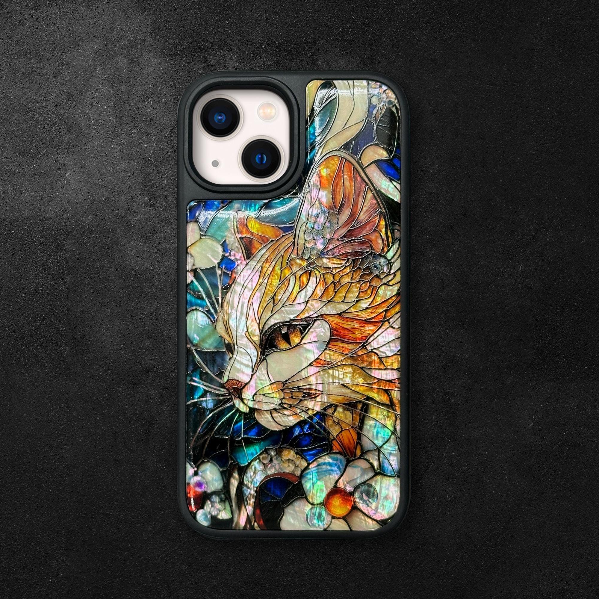 Cat, Mother of pearl stained glass floral iPhone 16 case, iPhone 15 case, iPhone 14 case, iridescent phone case