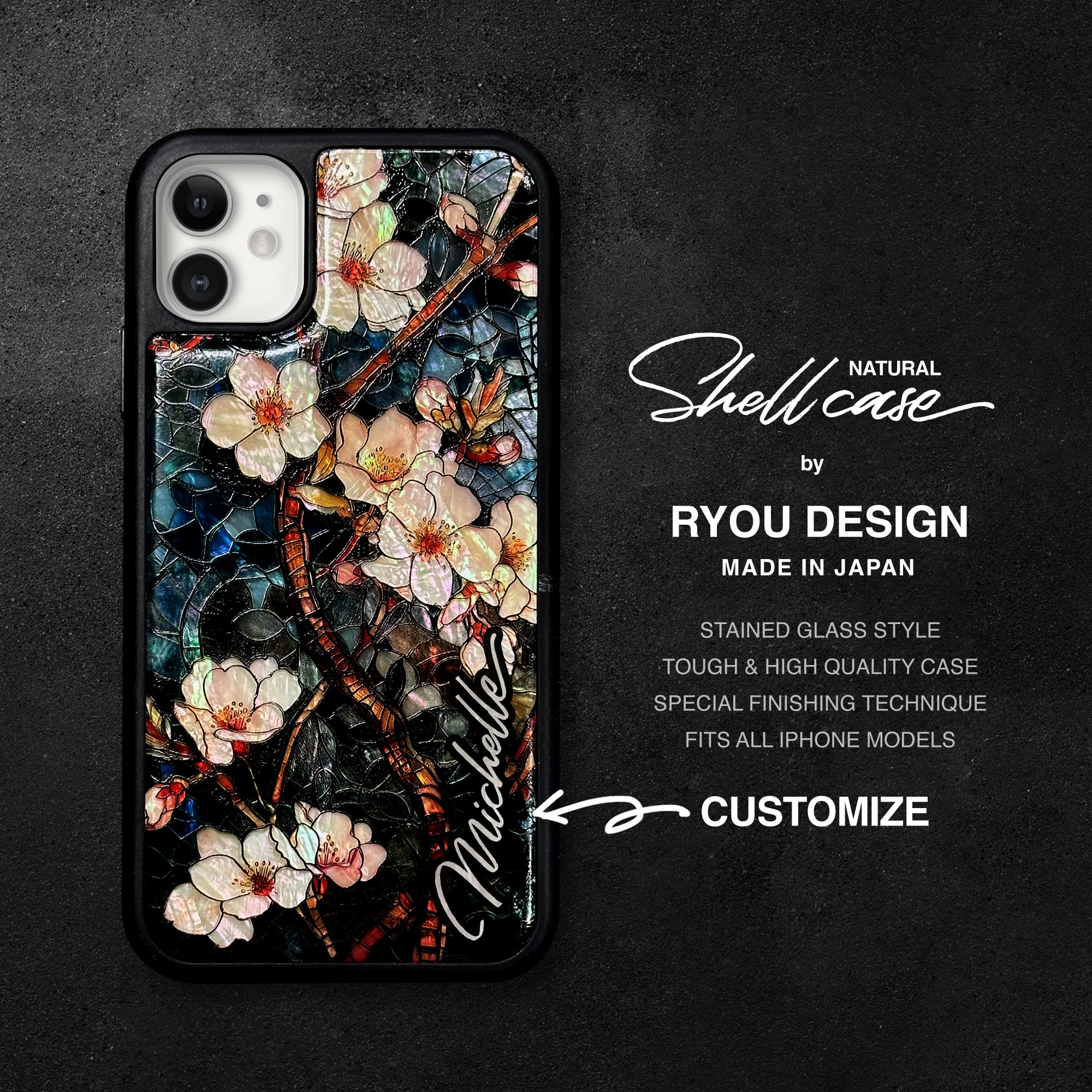 Personalized Mother of Pearl iPhone Case, Sakura Cherry Blossom, Luxury Custom Phone Cover, Unique Iridescent Shell Accessory, Monogram gift