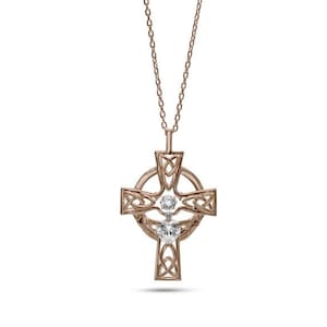 Womens Sterling Silver 925 Dancing Diamond Large Cross Necklace in Rose Gold