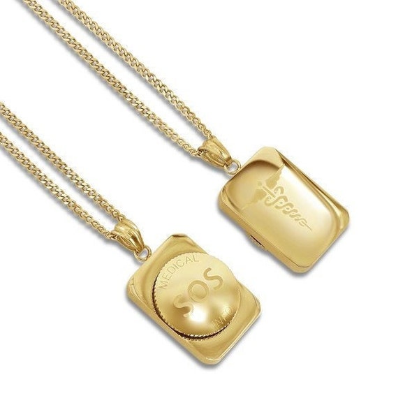 Unisex Medi Safe SOS Gold pendant necklace, Medical alert, Talisman bracelet, Medical ID Bracelet, Medical Jewellery