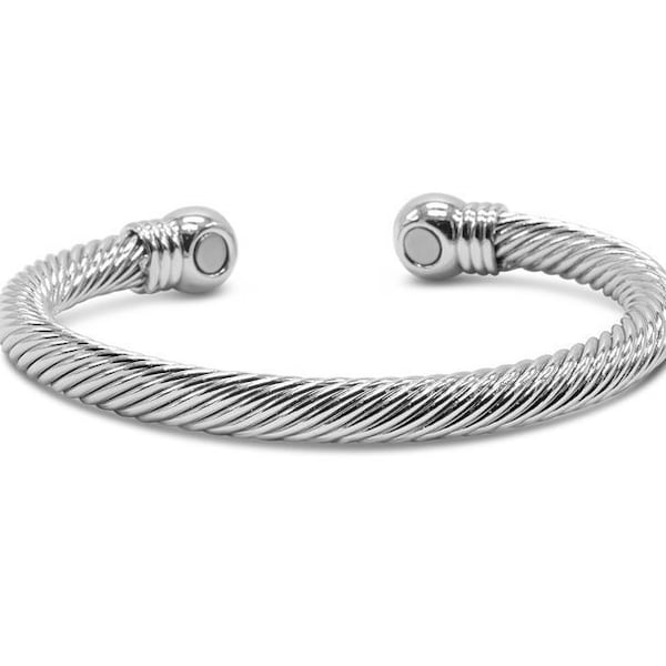 Mens Pure Copper Twist Magnetic Bangle in Silver