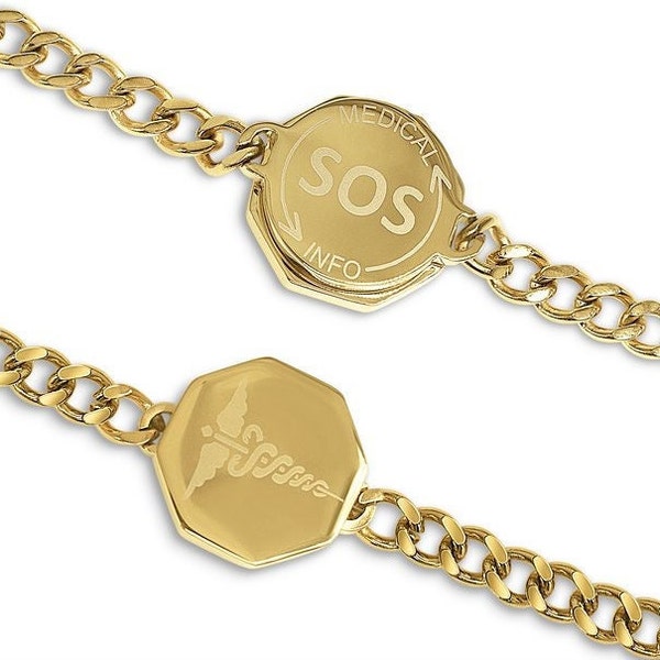 Unisex Medi Safe SOS Gold Armband, Medizinischer Alarm, Sanitäter ID, Talisman Hermesstab