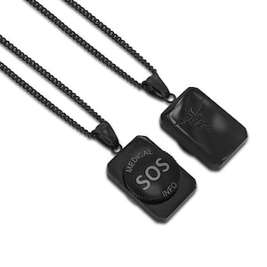 May include: Black chain necklace with two pendants. One pendant is a square with the words "MEDICAL SOS INFO" and the other is a square with a medical symbol.