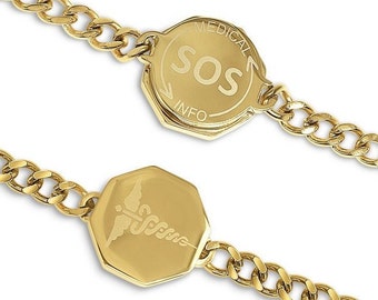 Unisex Medi Safe SOS Gold bracelet, Medical alert, Medic ID, Talisman Caduceus