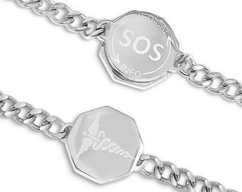 Unisex Medi Safe SOS silver bracelet, Medical alert, Medic ID, Talisman Caduceus