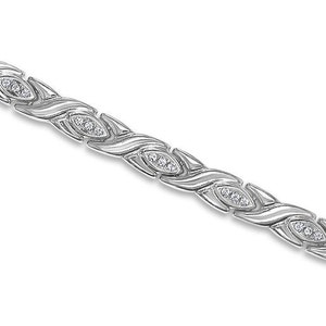 May include: A silver bracelet with a diamond-encrusted design. The bracelet features a repeating pattern of interlocking ovals with small diamonds set in each oval.