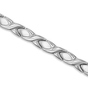 May include: A silver bracelet featuring a repeating pattern of oval and curved links. The bracelet has a polished finish with a textured, matte oval centre. The design is symmetrical and appears to be made of metal.