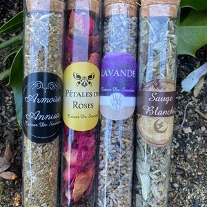 4 vials of mugwort, sage, lavender, dried roses. vial, witchcraft, esoteric, witch, witchy, occultism, wicca, ritual,