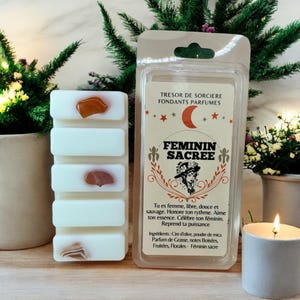 Op de afbeelding: Een pakket geurwasmelts en een brandende kaars. De wasmelts zijn wit, rechthoekig en bevatten kleine, gekleurde stenen. De verpakking bevat Franse tekst, waaronder "FEMININ SACREE" en "TRESOR DE SORCIERE FONDANTS PARFUMES."