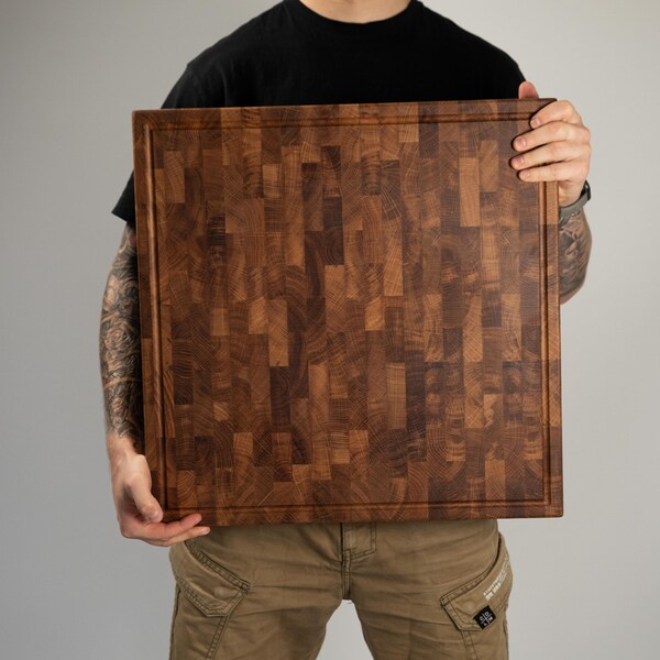 End Grain Wooden Cutting Board Square - Large Cutting Board - Kitchen Butcher Block - Cutting Board with Handles