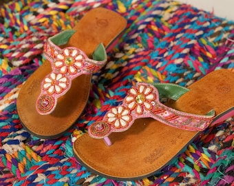 Indian leather flip flops embroidered with glitter and beads