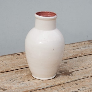 Può includere: Un vaso in ceramica bianca con corpo arrotondato e un'apertura leggermente svasata. Il vaso ha un bordo marrone chiaro e si trova su una superficie di legno.