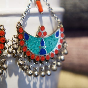 Indian turquoise, coral and lapis earrings code OI10