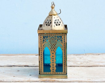 Faroles metálicos indios Farol indio estilo árabe en metal y cristal, lámpara étnica turca cod.LIMB3