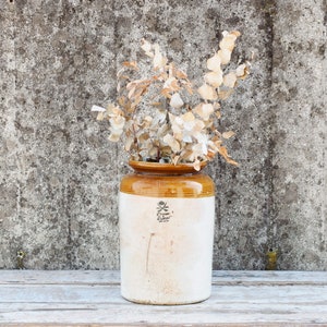 Peut inclure: Un pot en céramique blanche avec un dessus brun et un motif noir et blanc. Le pot est rempli de branches séchées et repose sur une surface en bois.
