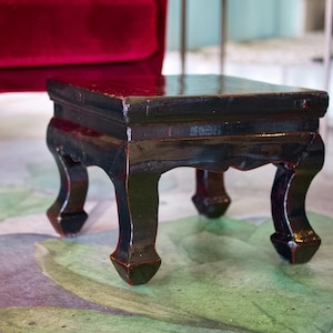 Può includere: Tavolino quadrato in legno nero con gambe curve. Il tavolo ha una finitura lucida ed è posizionato su una superficie a fantasia. Il design del tavolo suggerisce un'influenza asiatica. È un elemento d'arredo decorativo.