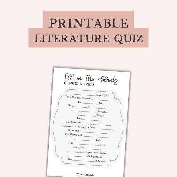 Fill in the blanks book club game, Classic literature game for English class or homeschooling, Printable bookworm party game, Fun activities