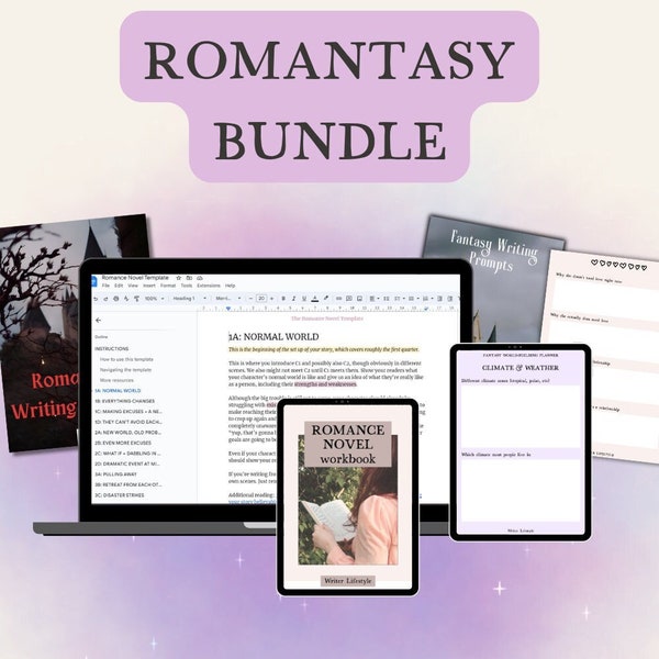 Romantasy Schreibpaket mit einer neuartigen Gliederungs-Vorlage, Fantasy Arbeitsmappen, Romanze Charakter Planern und romantischen Fantasy Schreibanregungen