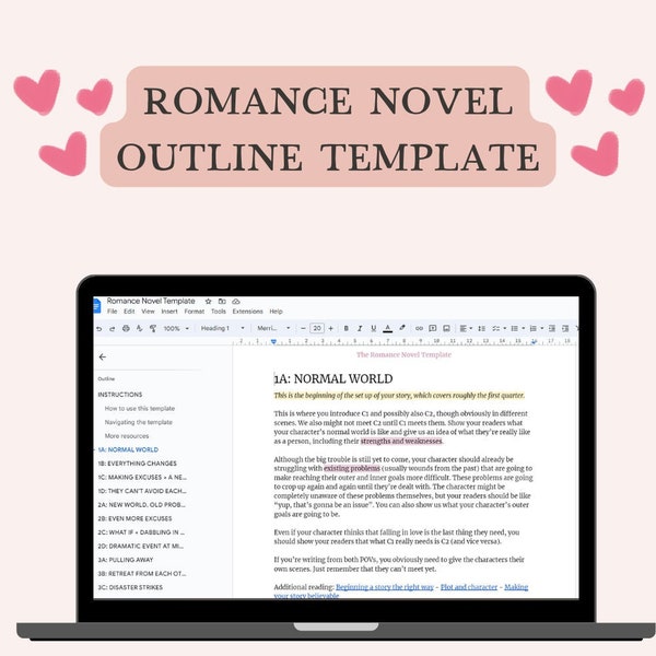 Plantilla de esquema de novela romántica para Google Docs, hoja de ritmo de escritura de libros