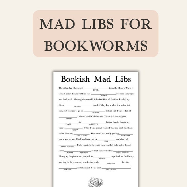 Bookish mad libs, Fun printable party game for bookworms, Library game for adults, Book club ice breaker activities