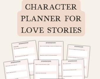 Romance novel character planning worksheets, Romance book planner for writers, Interactive and printable workbook