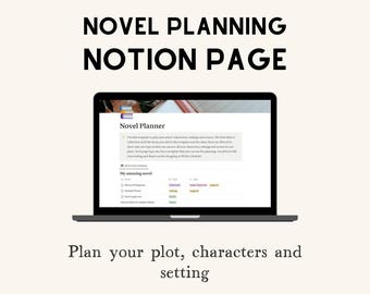 Página de Notion para escritura de ficción: Planificador de trama de novela, ficha de personaje y plantilla de ambientación de la historia.