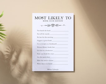 May include: A white paper with the text "MOST LIKELY TO BOOK CLUB EDITION" and a list of book club-related scenarios. The paper is on a beige surface, with a shadow of a plant in the upper left corner.