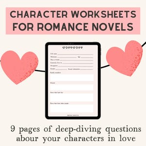 Planificador de personajes para novelas románticas, Hoja de trabajo interactiva e imprimible para escritores, Mapeo de la historia de una novela romántica