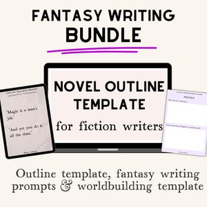 Może przedstawiać: Cyfrowy pakiet do pisania fantasy z laptopem i dwoma wydrukami. Na ekranie laptopa wyświetla się "NOVEL OUTLINE TEMPLATE for fiction writers". Jeden wydruk zawiera cytat, drugi podpowiedź do budowania świata. U góry widnieje napis "FANTASY WRITING BUNDLE."