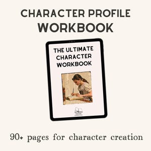 Può includere: Un tablet digitale che mostra una cartella di lavoro per il profilo del personaggio con il testo THE ULTIMATE CHARACTER WORKBOOK e l'illustrazione di una persona che scrive. Lo schermo mostra anche CHARACTER PROFILE WORKBOOK e 90+ pages for character creation.