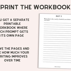 May include: A printable workbook page featuring the text DAY 3 and the writing prompt: Write about a day exactly a hundred years before you were born. The page includes horizontal lines for writing and the text Writer Lifestyle at the bottom.