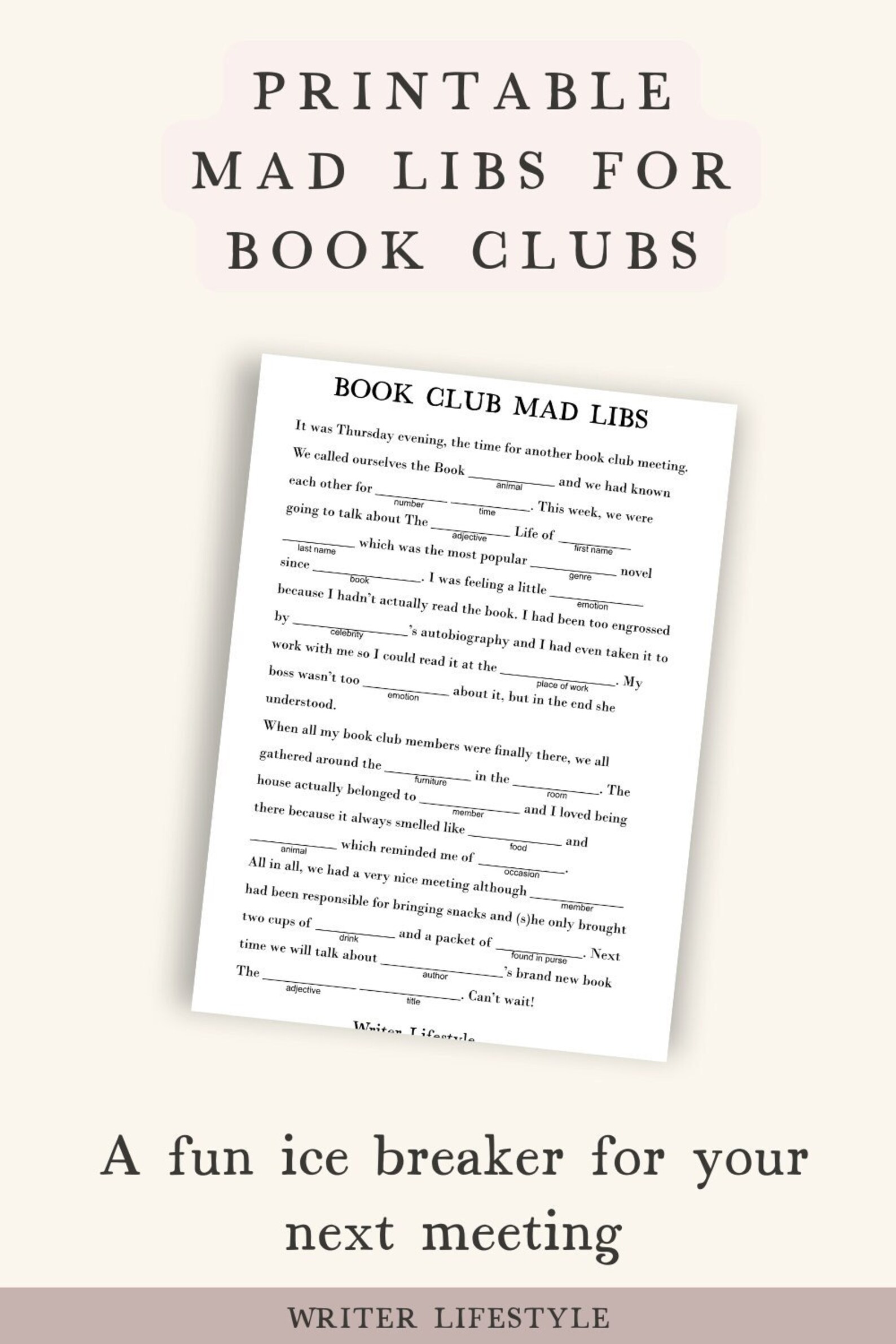 Printable Book Club Game, Bookworm Mad Libs, Fun Party Game for Readers, Book Club Ice Breaker