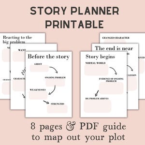 May include: A set of white story planner printable pages with black text and light pink fillable boxes. The pages feature headings like Story Planner Printable, Before the story, Story begins, and The end is near, with arrows connecting sections.