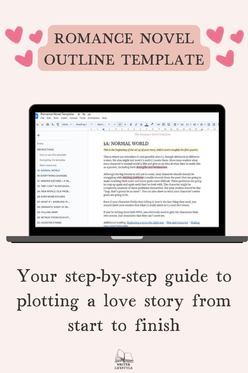 Romance novel outline template for Google Docs, Book writing beat sheet image 1