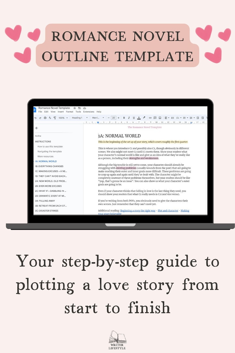 Romance novel outline template for Google Docs, Book writing beat sheet image 1