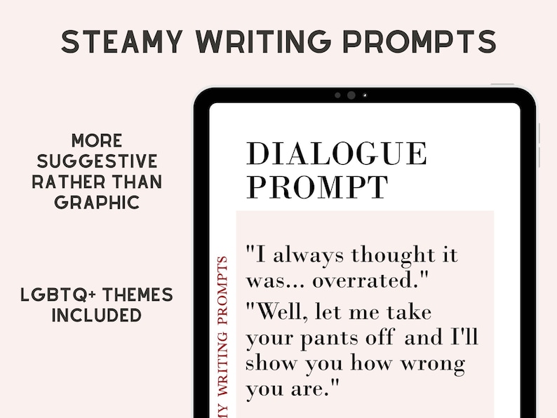 May include: A digital tablet displays a "Dialogue Prompt" for steamy writing, with text that reads "I always thought it was... overrated." and "Well, let me take your pants off and I'll show you how wrong you are."