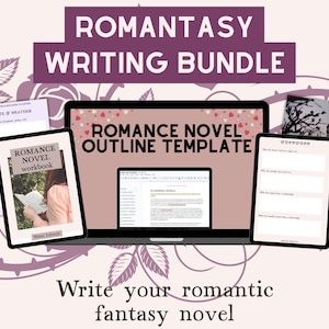 Paquete de escritura romántica con plantilla de esquema de novela, cuadernos de trabajo de fantasía, planificadores de personajes románticos y sugerencias para escribir fantasía romántica.