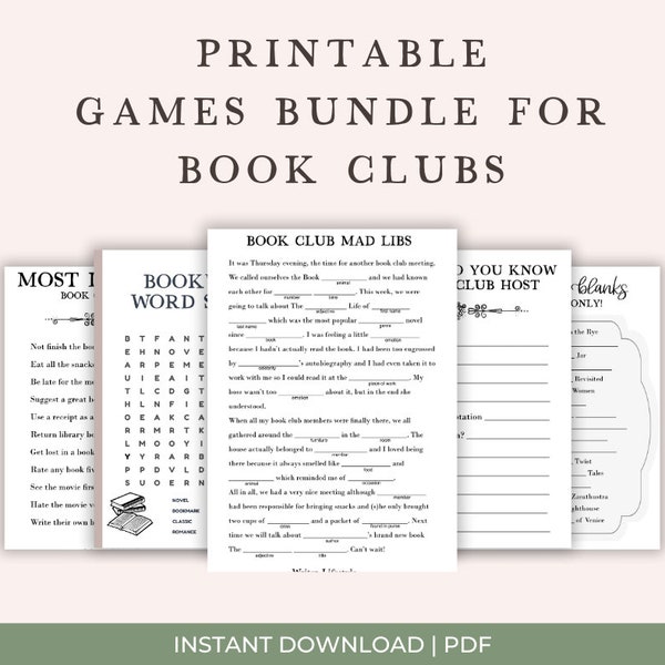 Printable game bundle for book clubs, Bookworm party games, Book club activities