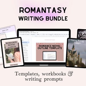 May include: A digital bundle for writers, featuring a laptop, tablets, and printed pages. The image displays the text "ROMANTASY WRITING BUNDLE" and includes templates, workbooks, and writing prompts for romance and fantasy novels.