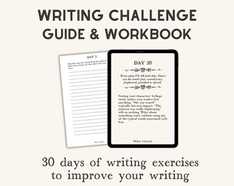May include: A writing challenge guide and workbook featuring a digital tablet displaying Day 20 writing prompts and a printed page showing Day 2. The text reads Writing Challenge Guide & Workbook, Day 2, Day 20, and 30 days of writing exercises to improve your writing.