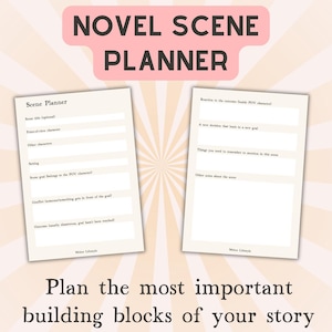 Novel scene worksheet for story mapping, Digital and printable novel outline template, Writing a book checklist, Nanowrimo planner