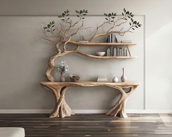 Driftwood narrow console table with tree book shelf driftwood console reclaimed wood table entryway handmade furniture for home decor